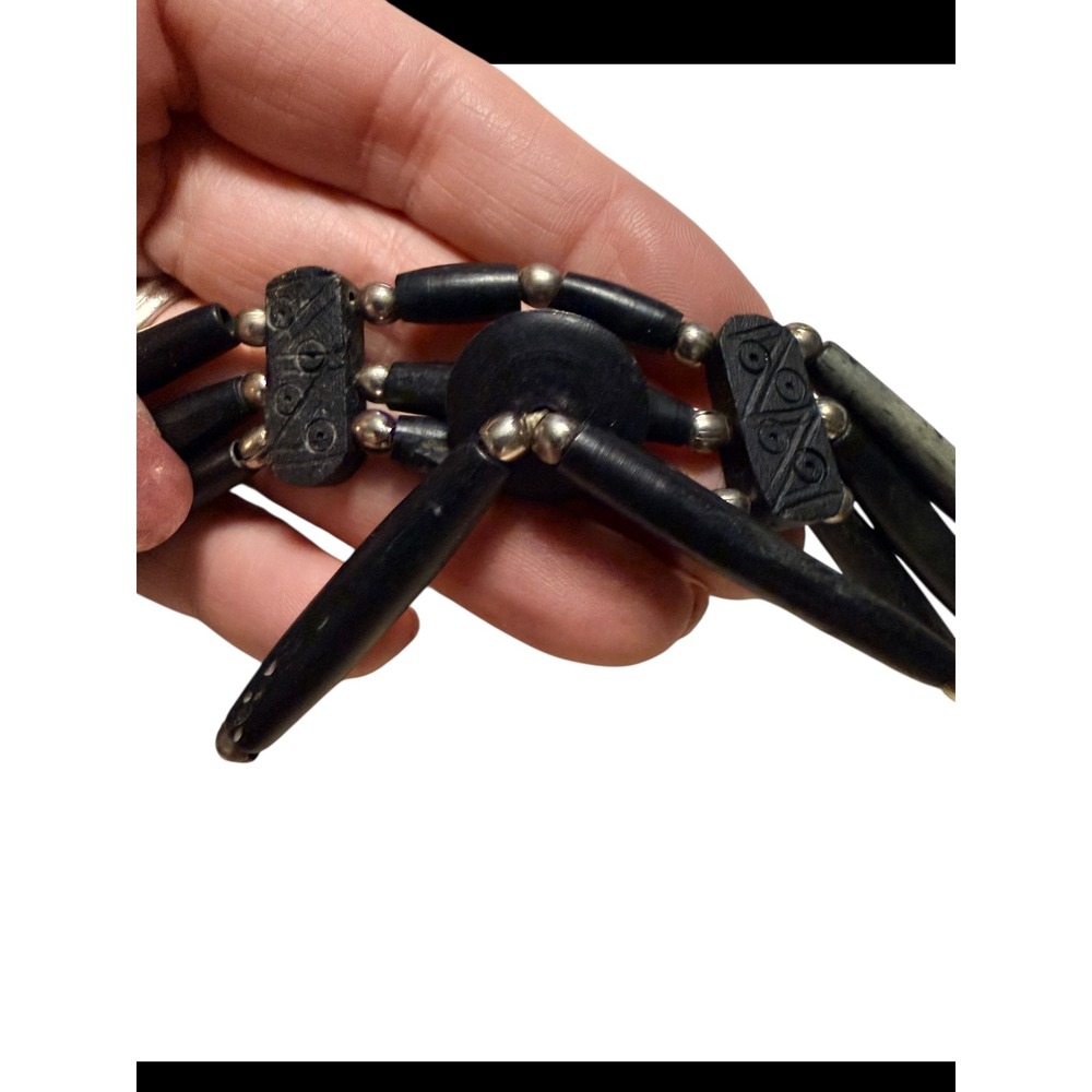 Vintage Black Multi Strand Horn Bead Choker Necklace Carved‎ Spacers Silver Tone - Picture 3 of 5